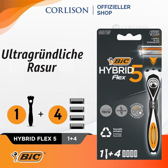 Чоловіча бритва BIC Hybrid 5 Flex, вологий гоління, 10 змінних касет по 5 лез, з алое вера та вітаміном E, з тримером для точного гоління