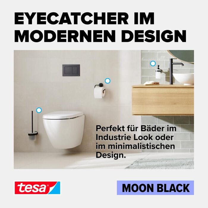 Полиця для душу tesa MOON BLACK, настінна, без свердління, чорна матова, глибока, для ванної в індустріальному стилі, з клейким кріпленням, 250x92x125 мм