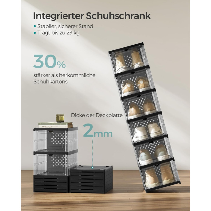 SONGMICS Shoe Cabinet Set, with 18 Shoe Boxes, Integrated Shoe Organizer, Foldable, Portable, for Shoes up to Size 46, 1-Minute Assembly, Transparent-Cloud White LSP207W01 (Transparent + Ink Black, 2)