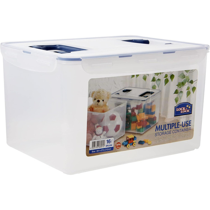 LocknLock PP CLASSIC Storage Box with Lid and Handles | 16 L, 361 x 274 x 212 mm | 100% Airtight | Semi-Transparent Storage Container | Storage Box with Lid for Household Items
