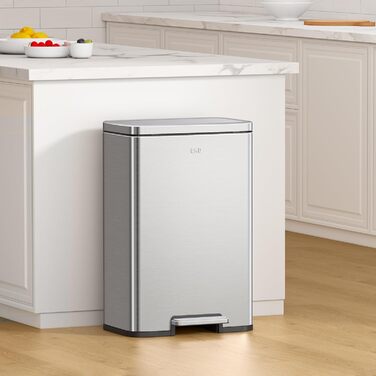 Відро для сміття EKO Madison 30L з висувним контейнером, м'яким закриттям кришки, стійке до відбитків пальців, нержавіюча сталь, прямокутне, з 20 мішками для сміття (25L+20L)