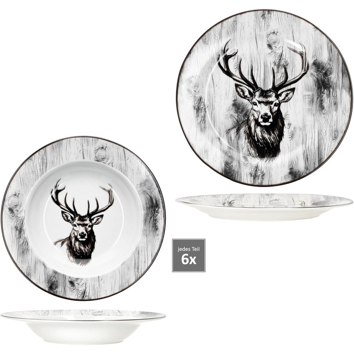 MamboCat Alois Сервіз на 12 осіб з порцелянового посуду з декором оленя (6 супових та 6 обідніх тарілок)