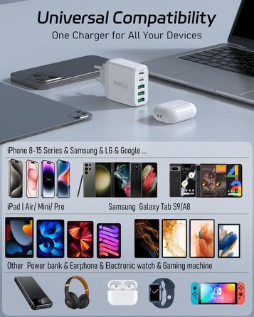 Багатопортовий зарядний пристрій Gcstnn 50W з 2 USB-C та 3 USB-A портами (білий) - для iPhone, iPad, Samsung Galaxy, Google