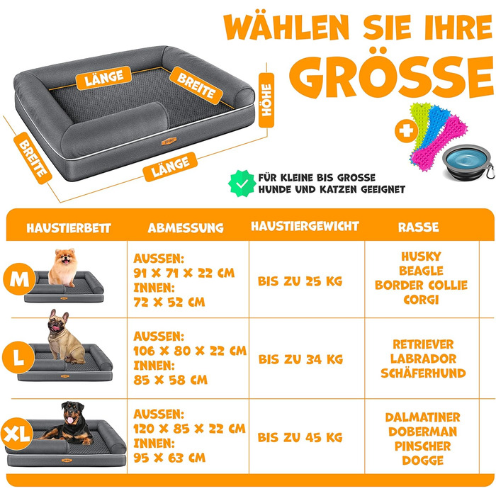 Orthopedic Dog Bed, Dog Cushion, Dog Basket Relax, Incl. Bowl + 3X Chew Bones, Dog Sofa for Small, Medium & Large Dogs, Removable and Washable Cover, 91x71x22cm Anthracite