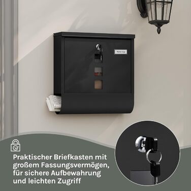 Поштовий ящик WOLTU з газетницею та вікном, персоналізований, замиканий, з 2 ключами, сучасний, 37x37x10.5 см, чорний