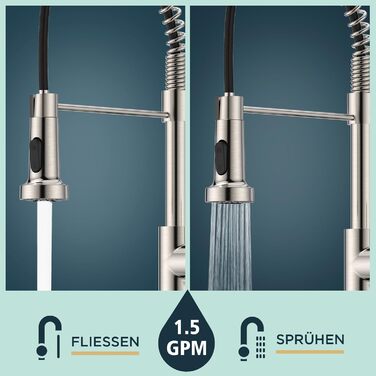 Змішувач кухонний FORIOUS висувний з душем, однорегуляторний, 360° обертання, нержавіюча сталь