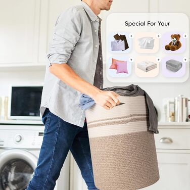 Rieeyrslza Laundry Basket with Lid for Blankets 58L Woven Cotton Rope Basket Cotton Rope Laundry Collector with Hollow Handle, for Living Room, Placing Blankets Pillows, 38 x 50cm (Brown)