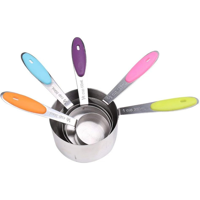 Набір мірних ложок Xingxinrong з нержавіючої сталі (5 мірних ложок + 1 кільце) з силіконовою ручкою, з гравіюванням шкали США та міжнародної системи, придатний для миття в посудомийній машині, аксесуари для приготування їжі та випічки для кухні