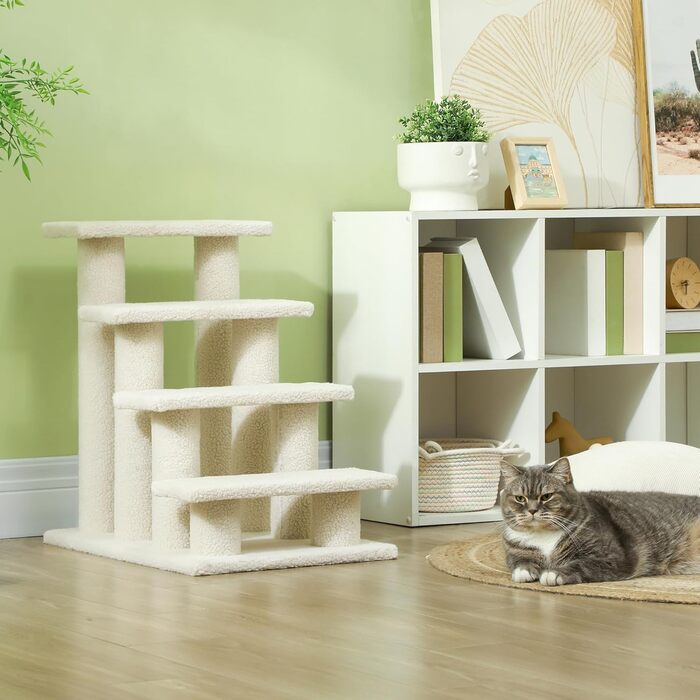 PawHut Pet Stairs Cat Stairs Dog Stairs Stairs for Cats and Dogs 4 Steps 63.5x43x60cm (Cream White)