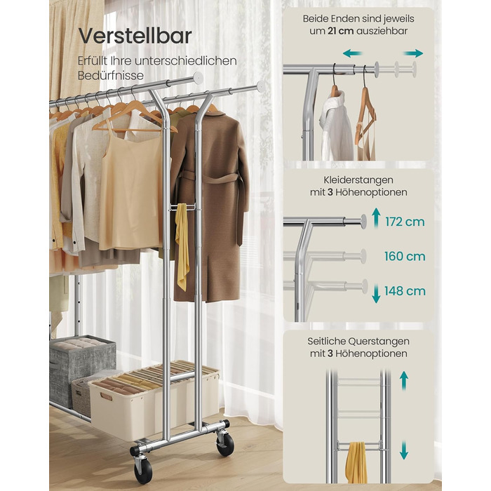 SONGMICS Стійка для одягу з металу, до 110 кг, на коліщатках, 129-169 см, хром HSR12S