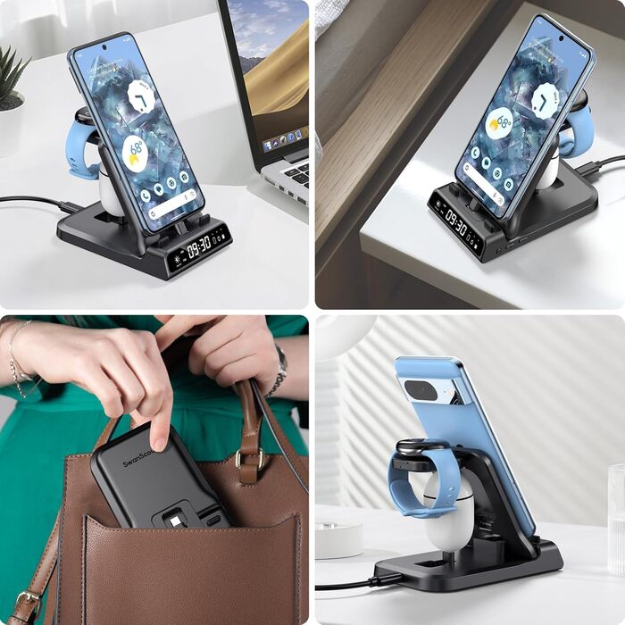 Зарядна станція 3-в-1 для Google Pixel Watch 3/2 та смартфонів Pixel, 25W USB-C, SwanScout 701G2 (Не для Pixel Watch 4/1)