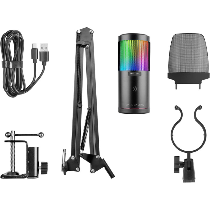 Мікрофон Mars Gaming MMIC-XT: Професійний студійний мікрофон з кульковим кріпленням, поп-фільтром та металевою сіткою (Чорний)