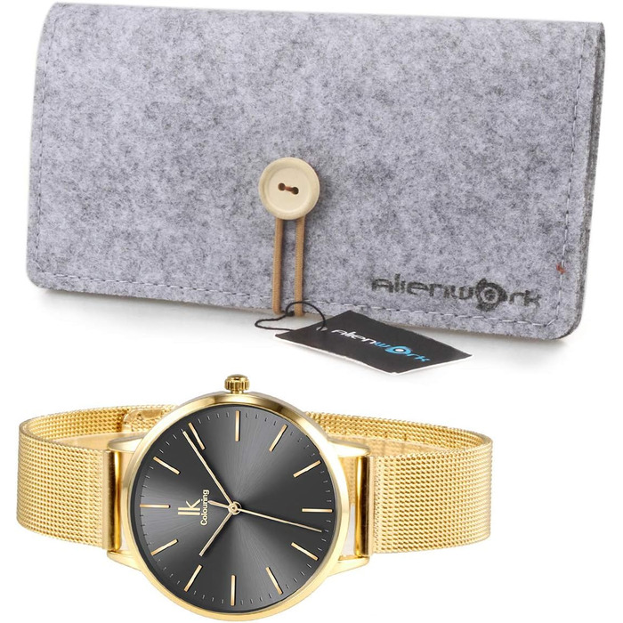 Жіночий годинник Alienwork IK Minimalist, ультратонкий, сітчасте браслет (Золото / Сірий / Золоте сітчасте браслет)