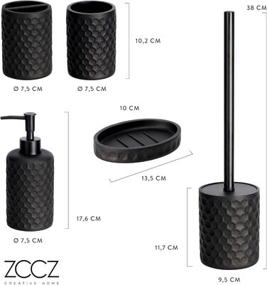 ZCCZ Bathroom Set – 5-Piece Organizer Set with Toilet Brush, Toothbrush Holder, Soap Dispenser, Soap Dish – Stylish Décor with Geometric Hexagon Pattern in Black for Modern Bathroom