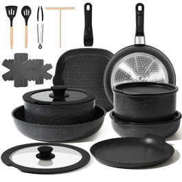 Набір каструль та сковорідок Induktion GMISUM 22 шт. з знімними ручками, для всіх типів плит, чорний