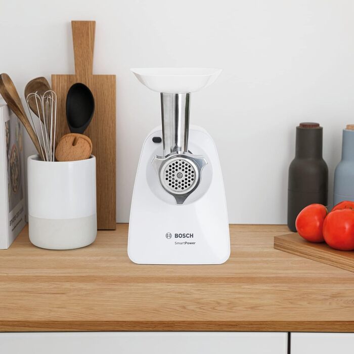 М'ясорубка Bosch SmartPower MFW2500W електрична, біла - компактна, потужна 1500 Вт, 1 диск 3.8 мм
