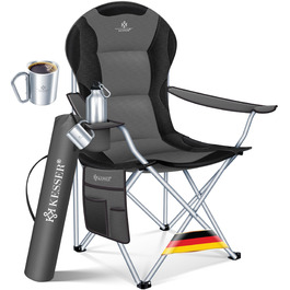 Крісло кемпінгове KESSER® складне до 150 кг, з підлокітниками, високою спинкою, сіре (антрацит/чорне) + тримач для напоїв