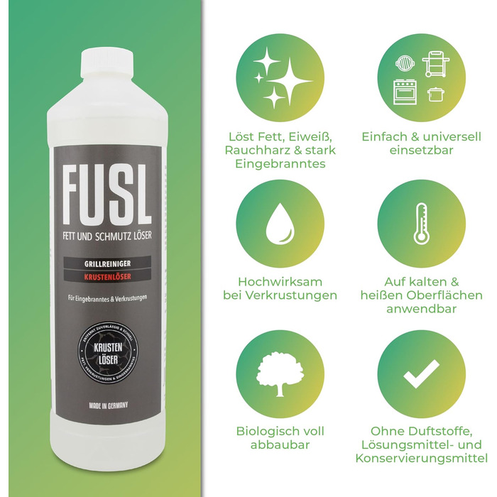 FUSL Grill Cleaner Set – FOAMSTER Foam Cannon + 1L Crust Remover – Extra Strong Grill Cleaner for Gas Grill, Smoker & Grill Grate – Biodegradable & Effective – Made in Germany