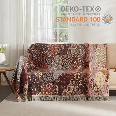 Богемна ковдра Boho Decke 100% бавовна – двостороння муслінова ковдра 150x200 см, м'яка ковдра для дивана та покривало на ліжко, естетичний дизайн, ідеально підходить для вітальні та спальні, помаранчевий/зелений (230 x 250 см, візерунок пає)