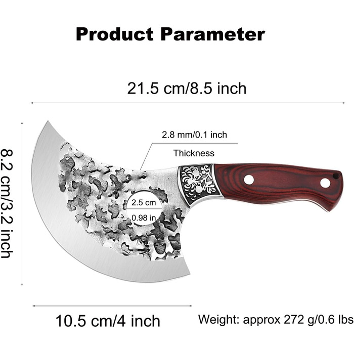 Японський ніж Doklasu для обробки м'яса, ручної роботи, Full Tang, сталь 5Cr15MoV, з червоним дерев'яним руків'ям та піхвою (10 см, стиль Ulu)