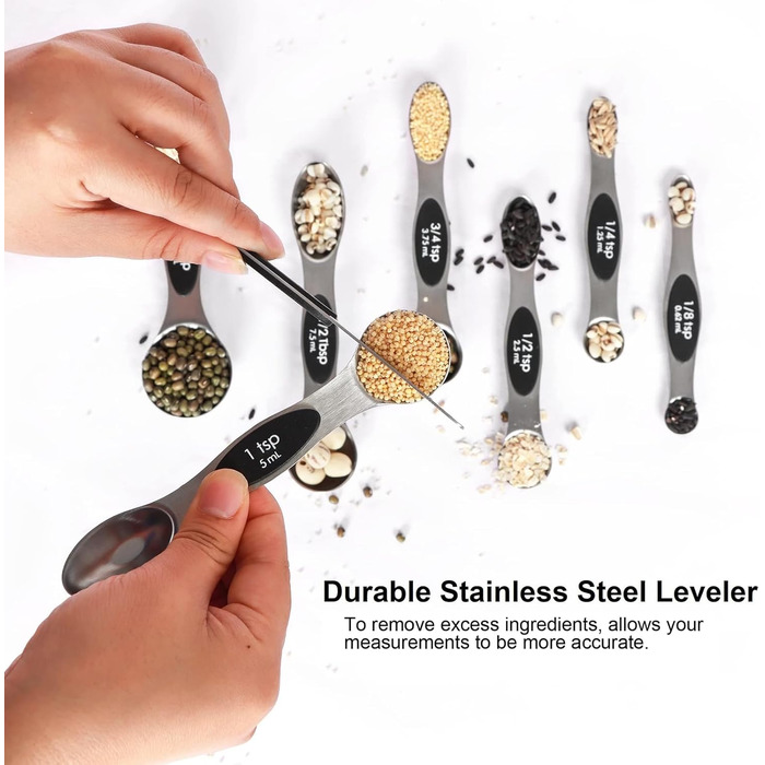 Magnetic Measuring Spoon Set, Stainless Steel with Leveler, 9-Piece, Stackable, Metal, Measuring Spoons for Baking, Measuring Cups and Spoons, Kitchen Gadgets, Home Accessories, Fits in Spice Jars