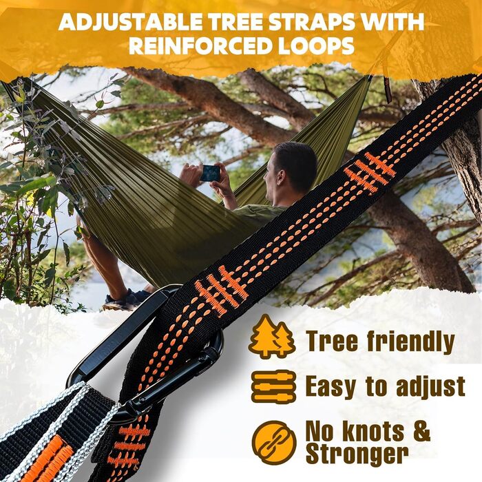 Легка туристична гамак NATUREFUN для кемпінгу | 300 кг вантажопідйомність, 275 x 140 см | Дихаючий, швидковисихаючий нейлон, 2 карабіни, 2 петлі | Для дому, саду, відпочинку на природі