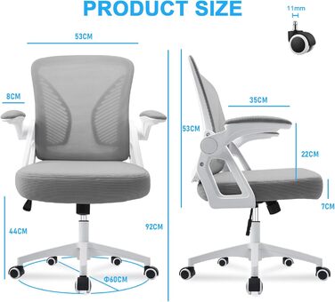Офісний стіл з регульованими підлокітниками, ергономічний стілець з сітчастою спинкою, підтримка попереку, регульована висота, м'яке сидіння, обертовий на 360°, сірий