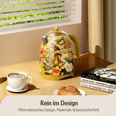 Електричний чайник Hazel Quinn Schneller 1.7л, 2200W, нержавіюча сталь 304, швидкий кип'ятіння, автоматичне вимкнення, захист від сухого кип'ятіння, вінтажний дизайн, BPA-free, перловий білий (жовтий з квітковим візерунком)