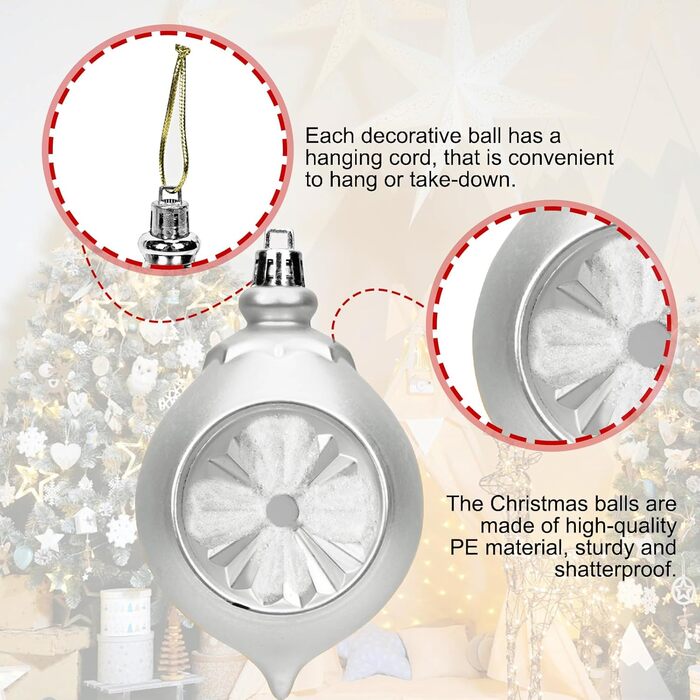 100 шт. прикраси для ялинки: кулі, верхівка, чорний набір, сріблястий, розбиваємий, для підвішування