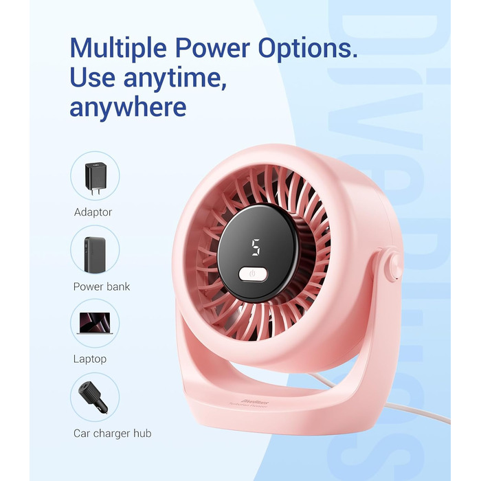 USB вентилятор TurboBreeze Rosa: потужний, портативний, з LED-дисплеєм та 5 швидкостями, 360° обертання