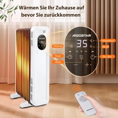 Електричний масляний радіатор Aigostar Snug X2 2500W з пультом керування, термостатом, 3 режимами, таймером, LED-дисплеєм, захистом від перекидання та перегріву