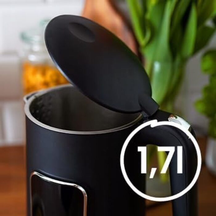 Електричний чайник 1.7 л з тачскріном, 2200 Вт, регулювання температури (40–100°C), 5 програм, підтримання тепла, нержавіюча сталь, бездротовий, чорний