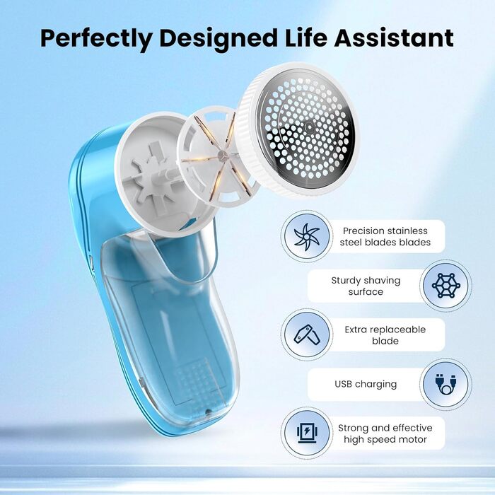 Електричний видалення ворсу для одягу та килимів, USB-зарядка, 3 леза, білий (блакитний)