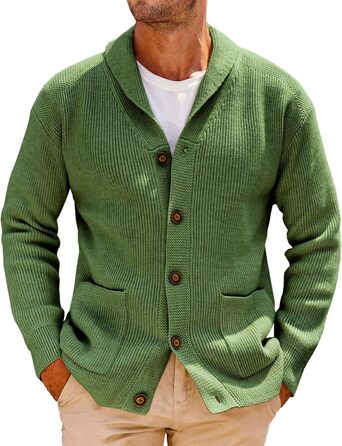 Чоловічий в'язаний кардиган Runcati з коміром-шарфом, візерунок коси, ґудзикова застібка, зимовий, великий, з кишенями (M, Оливковий (Army Green))