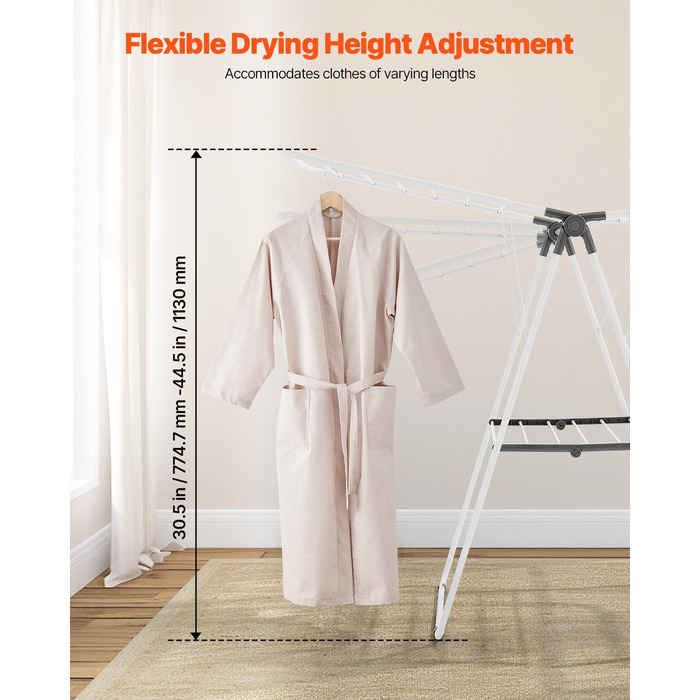 Сушилка для білизни VEVOR 2-ярусна розкладна з прищіпками та 31 сушильною штангою, регульована по висоті, металева, для ванної кімнати, балкону (1385 x 600 x 1000 мм)