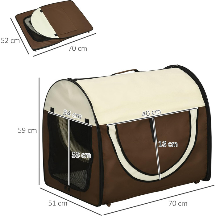 PawHut Транспортна переноска для собак та котів, рюкзак для тварин, водонепроникна сумка-переноска з подушкою, 70 x 51 x 59 см, Колір: Кофе