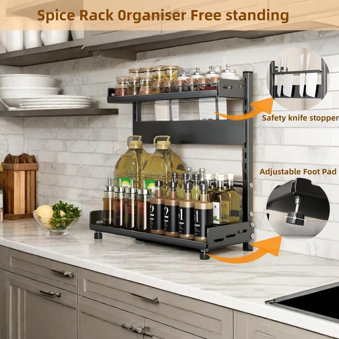 Металевий органайзер для спецій на 2 яруси, регульована висота, з захисним гратом та тримачем для ножів, чорний