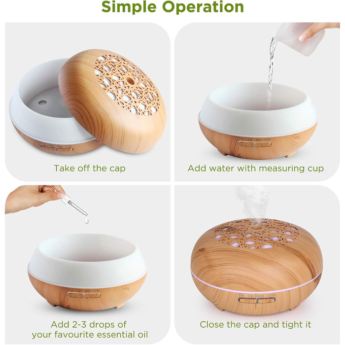 Аромадифузор WD&CD 550 мл з пультом, ультразвуковий зволожувач повітря, дифузор для ефірних олій з 7 кольорами LED, автоматичне відключення, білий (з імітацією текстури дерева)
