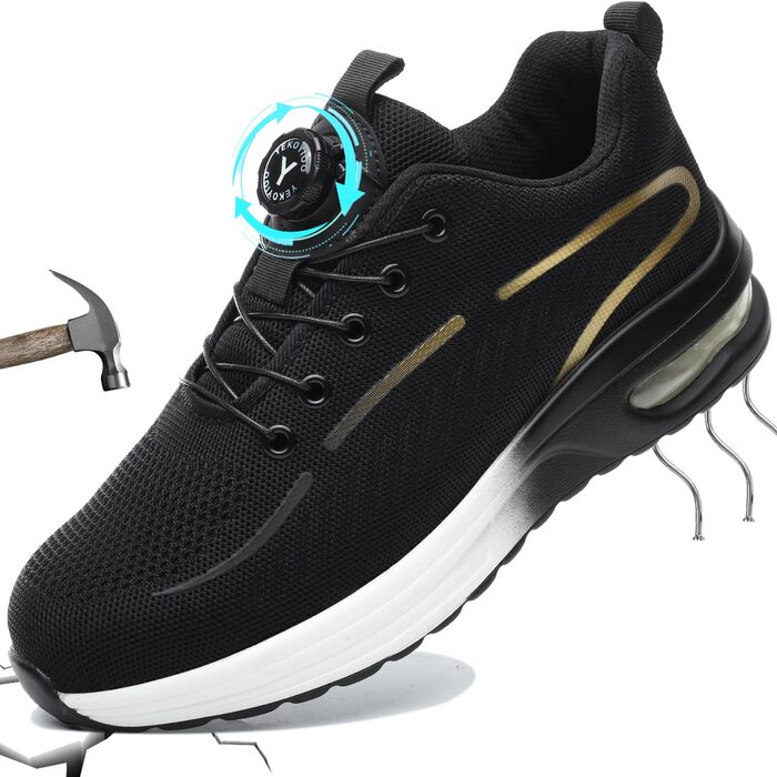 Робочі черевики для чоловіків та жінок. Зі сталевим підноском. Легкі, спортивні, неслизькі, дихаючі. Модний захист. Розміри 38-46 EU (42 EU, New Gold)