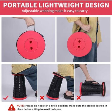 Крісло-телескоп для кемпінгу, регульована висота 6-45 см, вантажопідйомність 181 кг, портативне з ременем для перенесення (Червоний, 2 шт.)