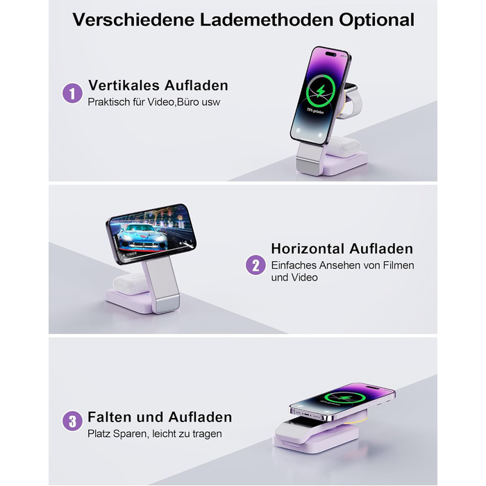 3-в-1 Станція Бездротової Зарядки для iPhone, Apple Watch та AirPods (Біла/Фіолетова)