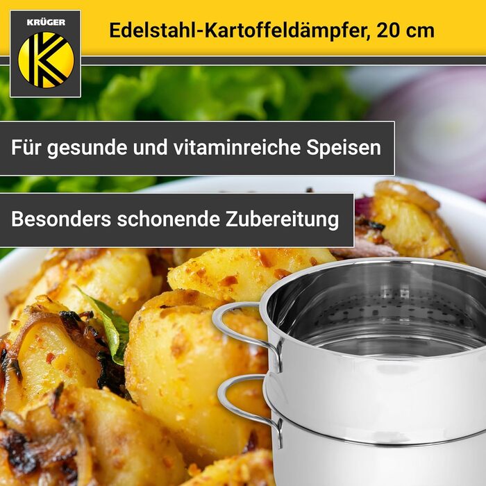 Каструля для варіння картоплі Krüger з нержавіючої сталі, 20 см, з скляною кришкою, біо-пароварка з антипригарним захистом краю та енергозберігаючим капсульним дном, для приготування без води та жиру