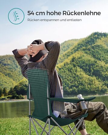 SONGMICS 2-Pack Folding Chair Camping Chair Folding Chair Comfortable Heavy-Duty Construction Max. Load Capacity 150 kg with Cup Holder Outdoor Chair (Dark Green)