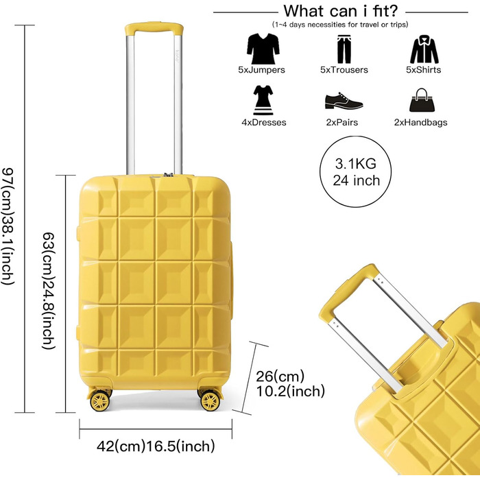 Жовтий валіза KONO середнього розміру 62см з 4 колесами та TSA замком (62x43x26см)