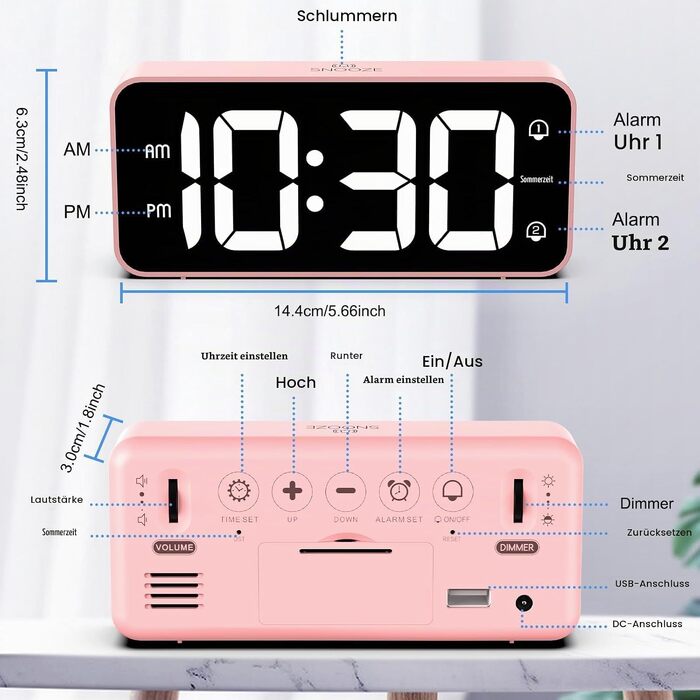 Цифровий LED будильник LATEC з 2 сигналами будильника, функцією Snooze, USB-портом для зарядки, регулюванням яскравості та гучності (90-120 дБ), 8 мелодій, формат 12/24г, мережевий, Рожевий