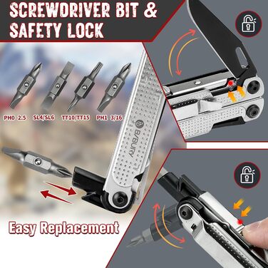 BIBURY Multitool Pliers, Stainless Steel Multi Tool with Improved Wire Cutter & Screw Driver, Folding Self-Locking Multitools with Nylon Pouch for Camping, Hiking, Survival, Gift for Men, Dad