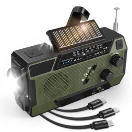 Радіо-кринка Notfall Weltempfänger 4000 mAh (14800 mWh) з 3 кабелями. Радіо для надзвичайних ситуацій з ручкою та сонячною панеллю, живлення від акумулятора, AM/FM/WB, SOS-сигнал, ліхтарик для надзвичайного спорядження Green