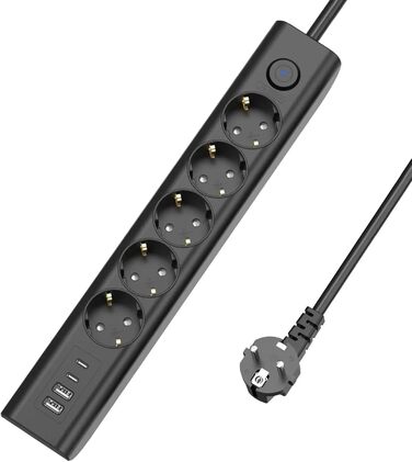 Мережевий фільтр Steckdose 8 в 1 з USB, 3680W, з вимикачем, 16A, 2 USB-C, для смартфонів, ноутбуків, iPad, 1.8M кабель, білий (чорний 5AC)