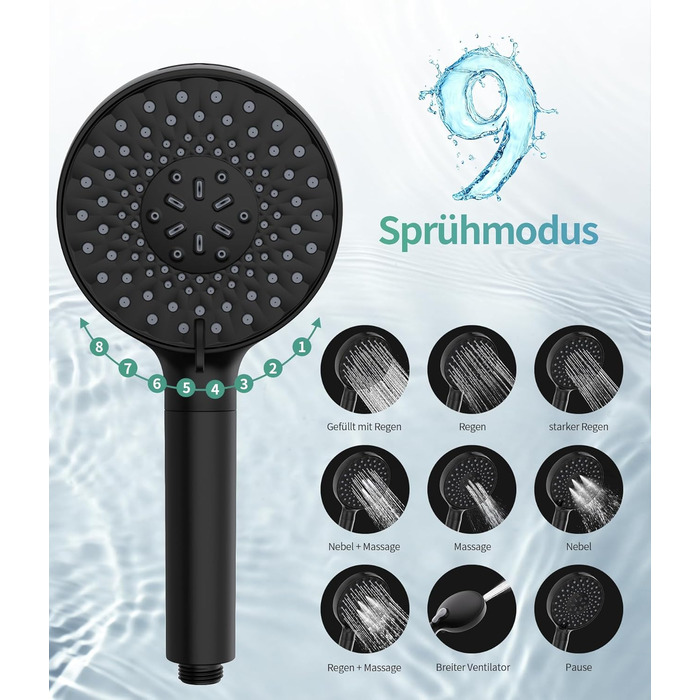 Душова лійка SR SUN RISE з фільтром, шланг та картриджі, 9 режимів, високий тиск, для жорсткої води, видаляє хлор, важкі метали, бактерії, чорний колір