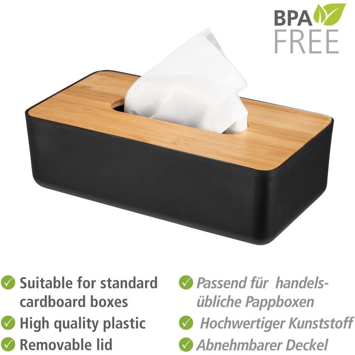 WENKO Косметична коробочка Rotello, для серветок/косметичних тканин, бамбуковий кришка, 24 x 7,5 x 12,7 см, чорний/натуральний чорний